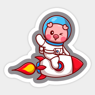 Cut Pig Astronaut Riding Rocket And Waving Hand Cartoon Sticker